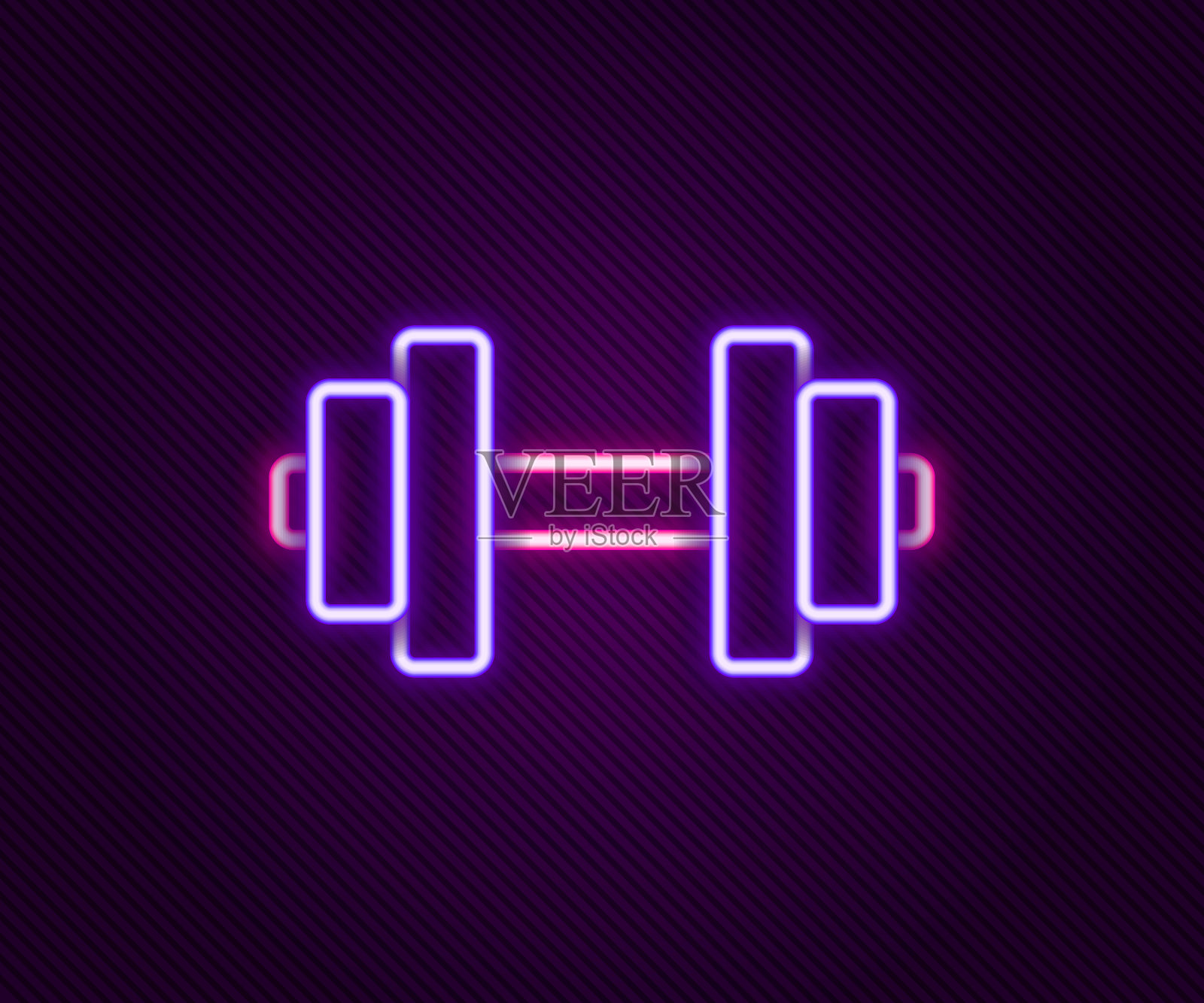 发光霓虹灯线哑铃图标孤立在黑色背景。肌肉提升图标，健身杠铃，健身房，运动器材，锻炼大铃。色彩斑斓的轮廓的概念。向量插画图片素材