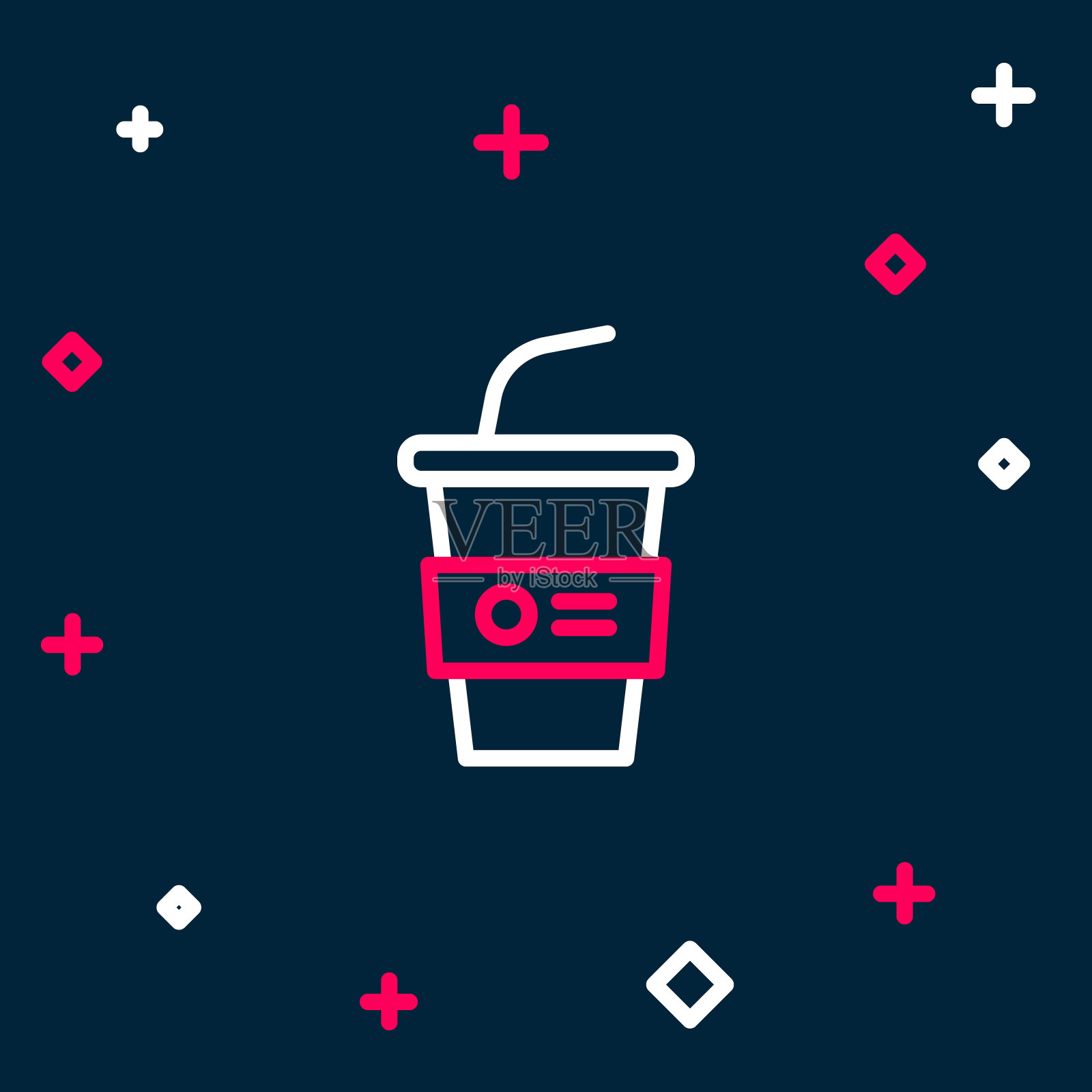 线纸玻璃与饮用吸管和水图标孤立在蓝色背景。苏打饮料的玻璃。新鲜冷饮象征。色彩斑斓的轮廓的概念。向量插画图片素材