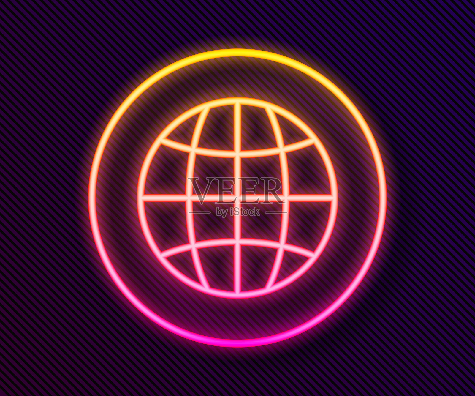 发光的霓虹灯线全球科技或社交网络图标孤立在黑色背景上。向量插画图片素材