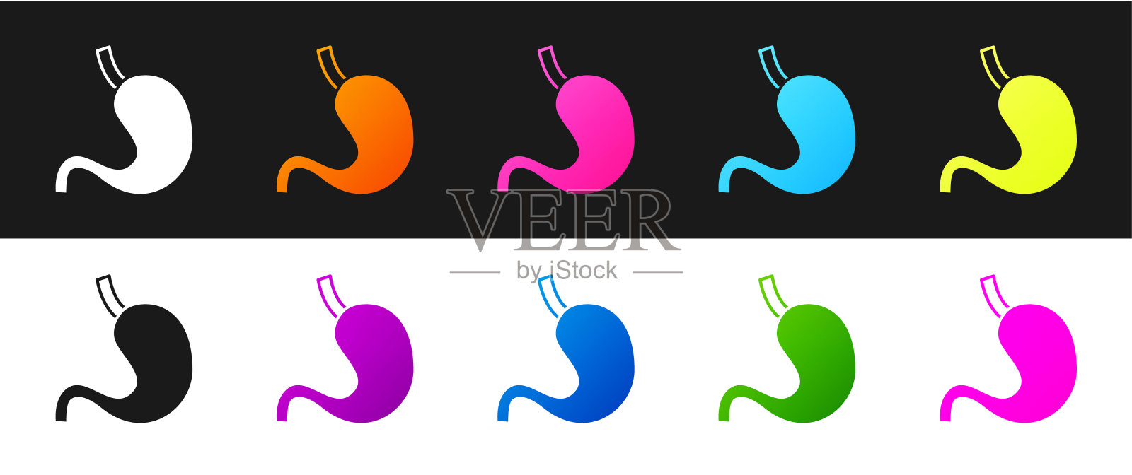 设置人的胃图标孤立在黑白背景上。向量插画图片素材