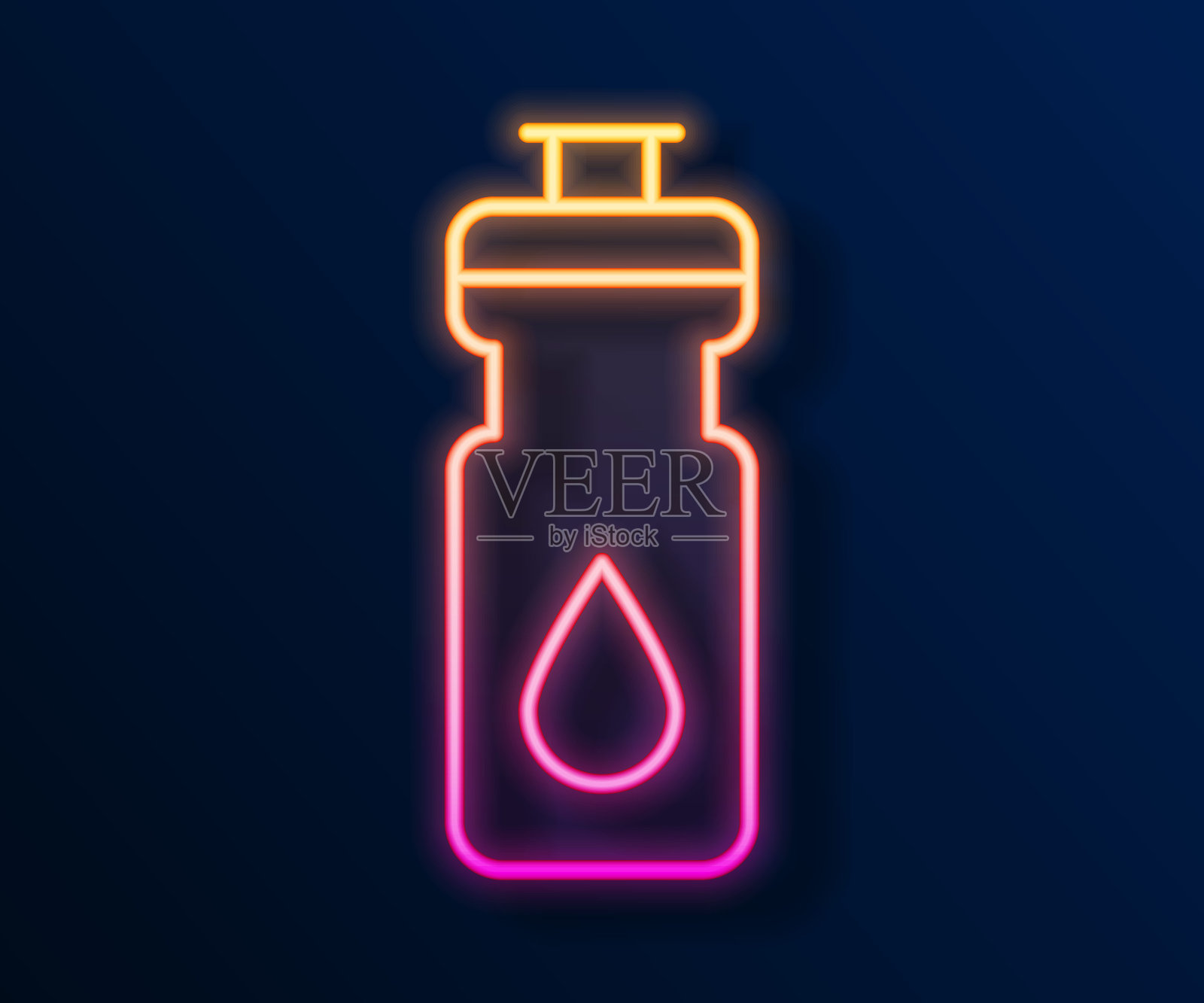 发光霓虹灯线健身摇壶图标孤立在黑色背景。运动摇瓶与盖的水和蛋白质鸡尾酒。向量插画图片素材