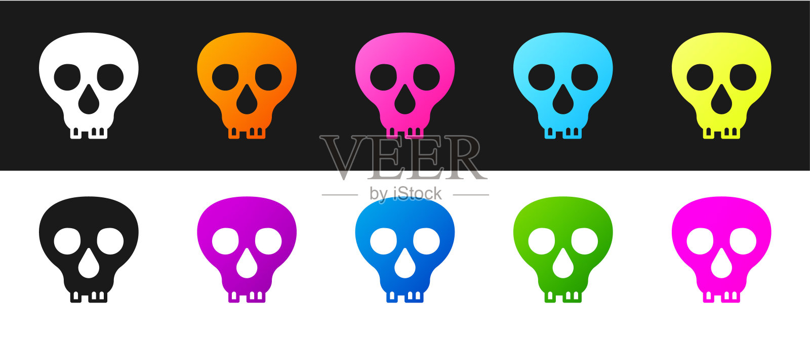 设置骷髅图标孤立在黑白背景上。快乐的万圣节派对。向量插画图片素材