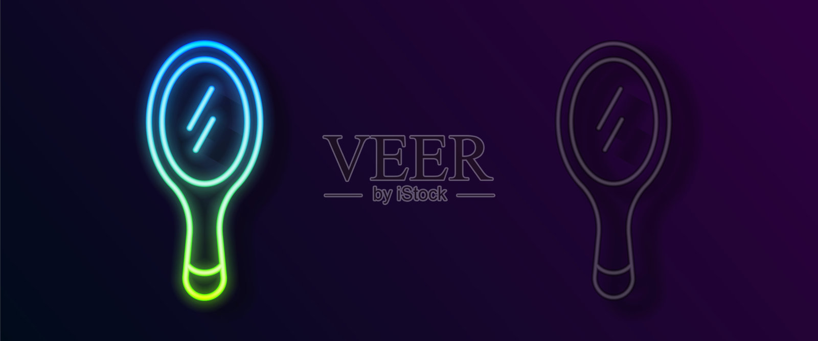 发光霓虹灯线手镜图标孤立在黑色背景上。向量插画图片素材