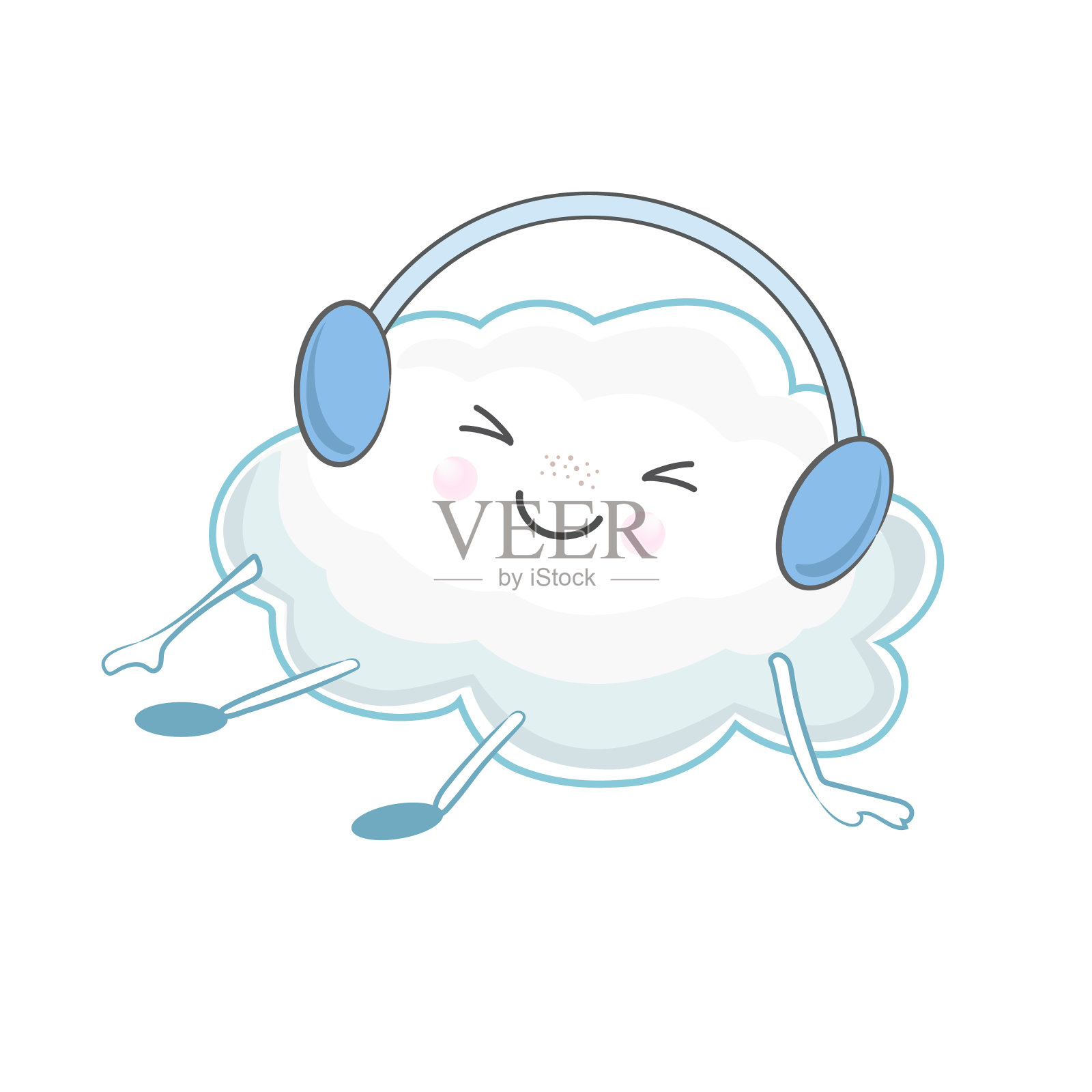 可爱的卡通云戴着耳机听音乐。卡通矢量插图。可爱，儿童孤立矢量插图。云插图。插画图片素材