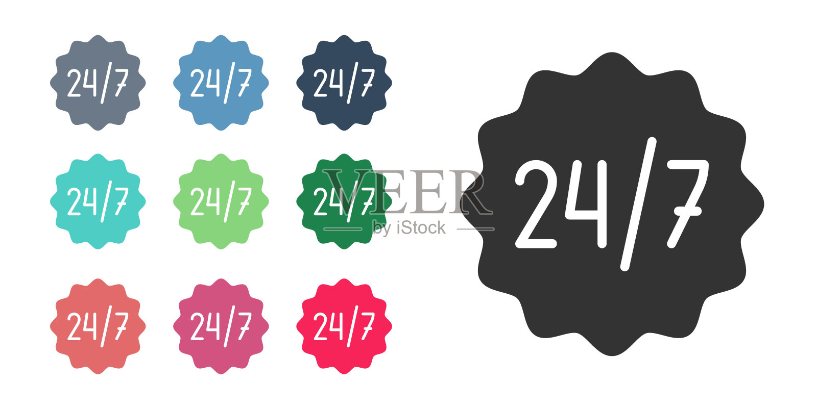 黑色时钟24小时图标孤立在白色背景。整天循环图标。24小时服务标志。设置图标丰富多彩。向量图标素材