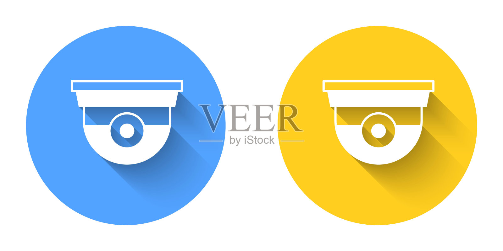 白色安全摄像头图标孤立与长阴影背景。圆按钮。向量图标素材