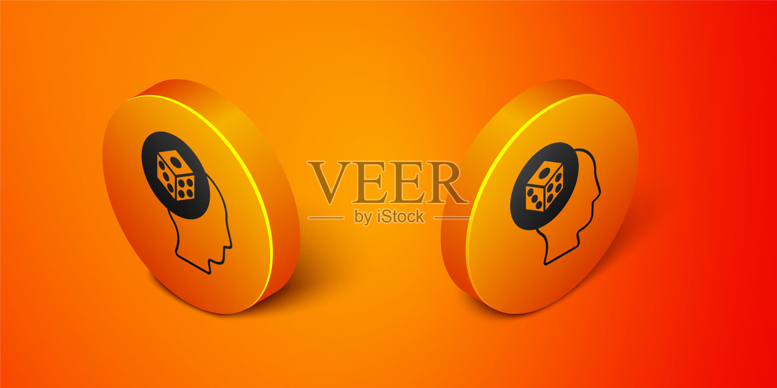 游戏骰子图标孤立在橙色背景上。赌场赌博。橙色圆按钮。向量插画图片素材