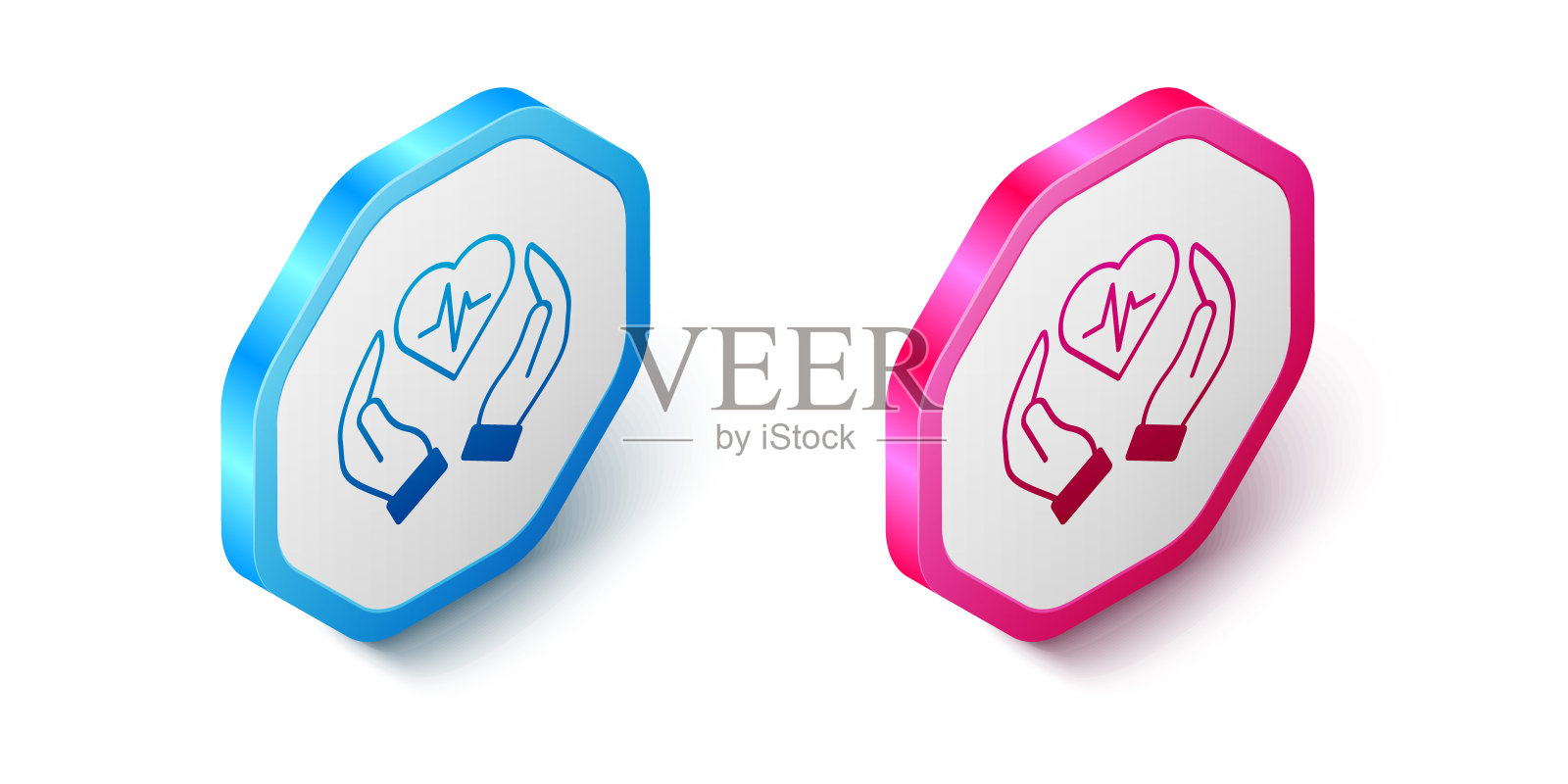 等距人寿保险图标孤立在白色背景上。安全，安全，保护，保护理念。六角按钮。向量图标素材