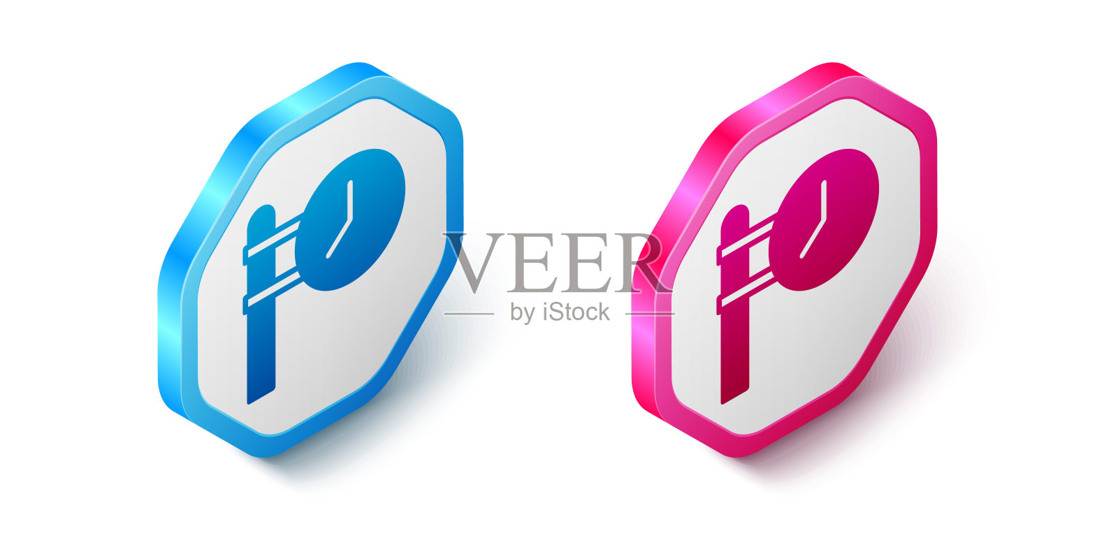 等距火车站时钟图标孤立在白色背景上。六角按钮。向量图标素材