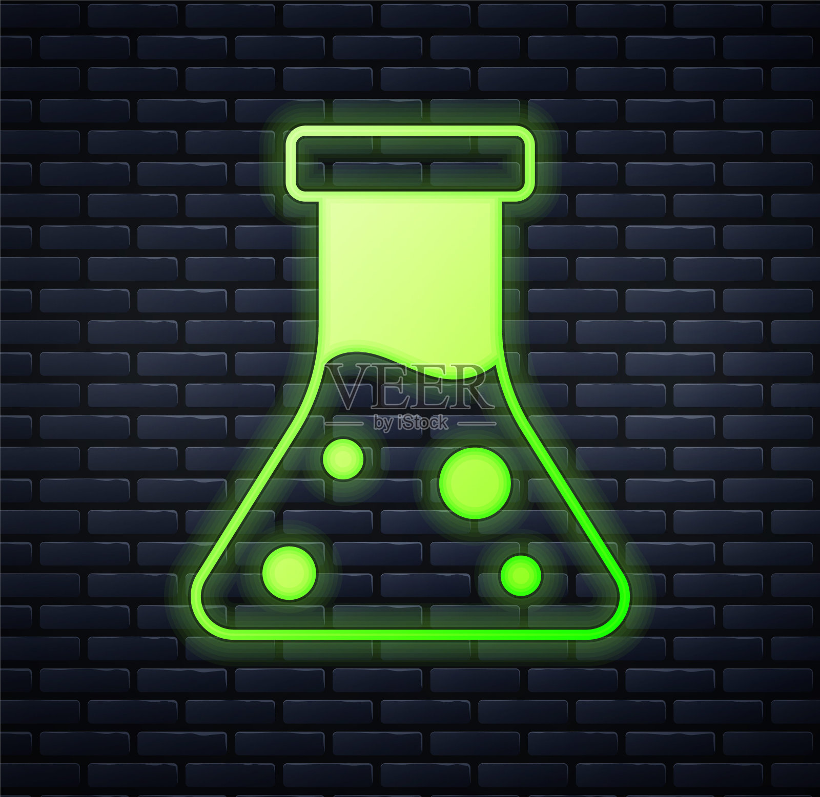 发光的霓虹灯汽油试管图标孤立在砖墙背景上。化学烧瓶和跌落。向量插画图片素材