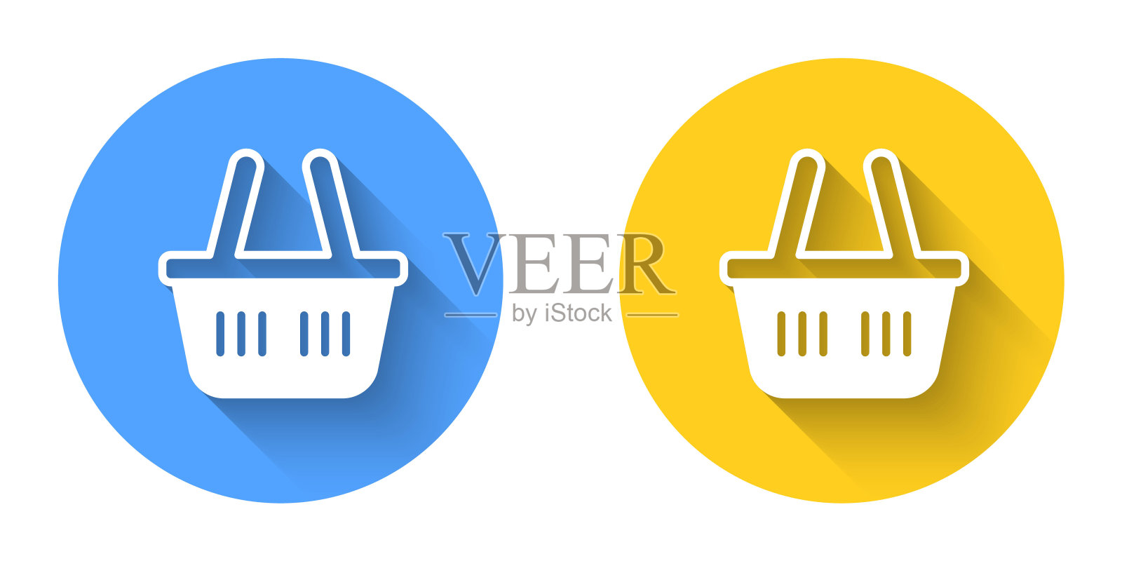 白色购物篮图标孤立与长阴影背景。网上购物的概念。送货服务信号。购物车的象征。圆按钮。向量插画图片素材