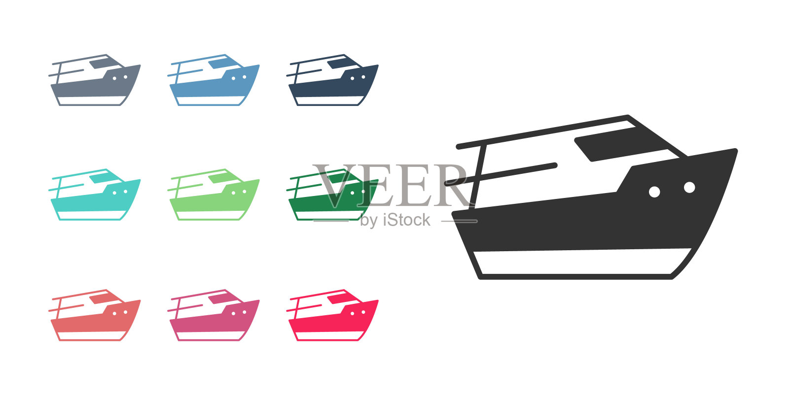 黑色快艇图标孤立在白色背景上。设置图标丰富多彩。向量插画图片素材