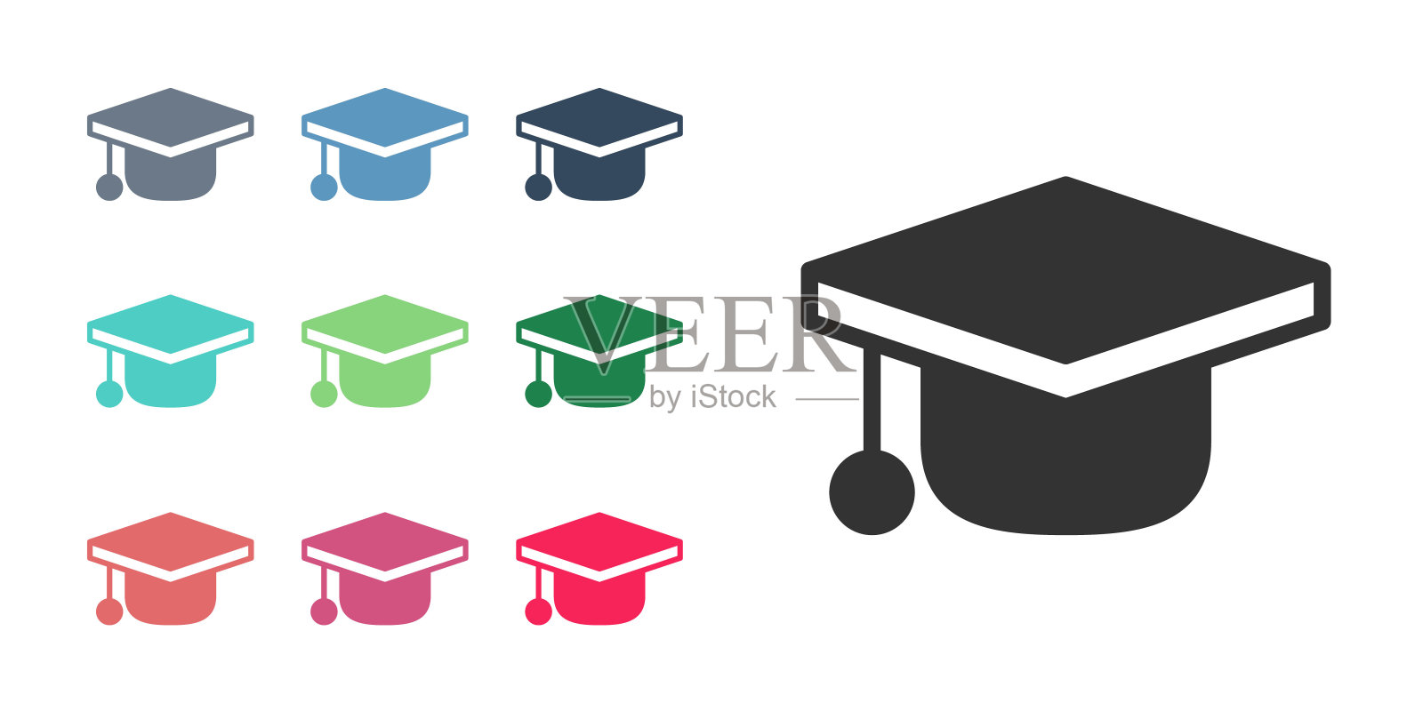 黑色毕业帽图标孤立在白色背景上。毕业帽与流苏图标。设置图标丰富多彩。向量图标素材