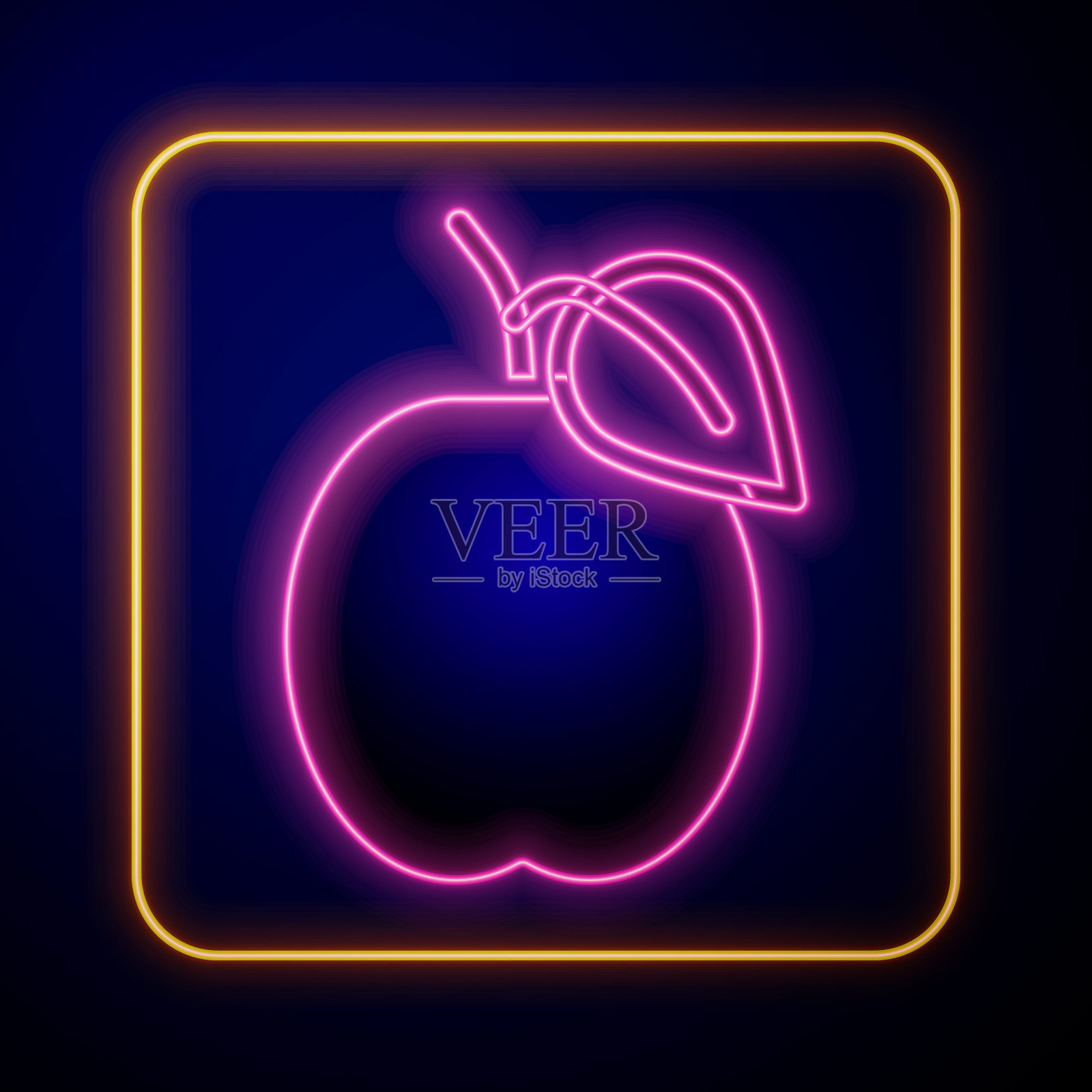 发光霓虹灯李子水果图标孤立在黑色背景。向量插画图片素材