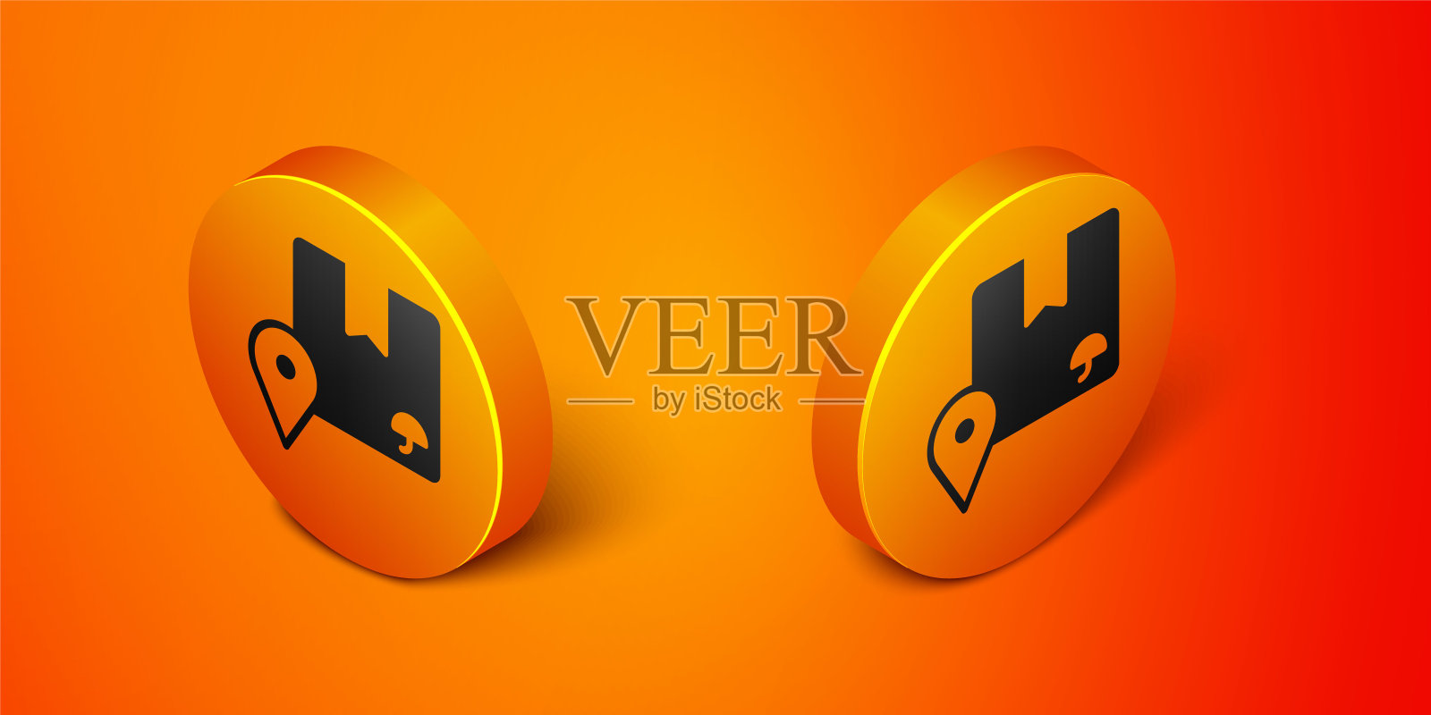 在橙色背景上与纸箱图标隔离的等距位置。送货服务，物流运输，配送。橙色圆按钮。向量插画图片素材