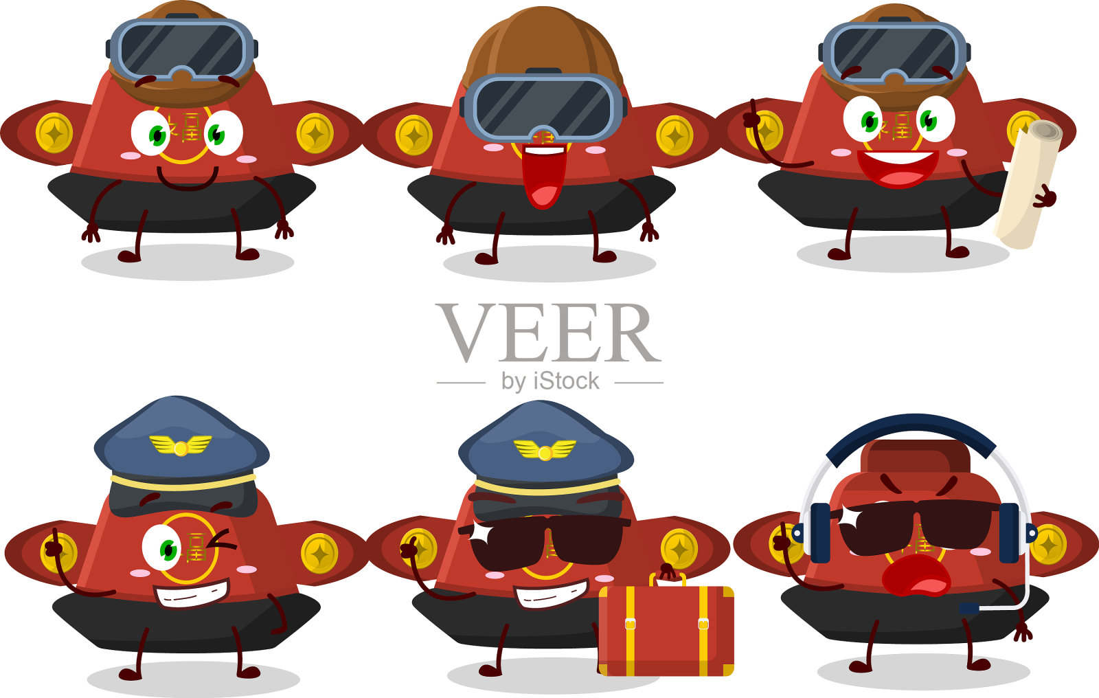 飞行员卡通吉祥物红色中国帽子配眼镜插画图片素材