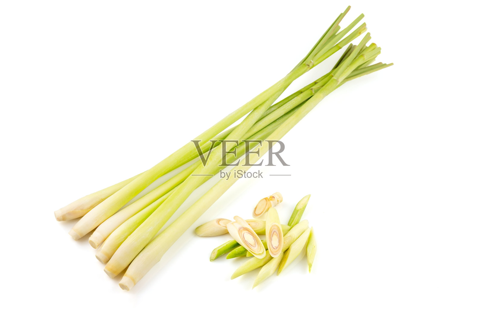 切片柠檬草和新鲜柠檬草孤立在白色背景与修剪路径照片摄影图片