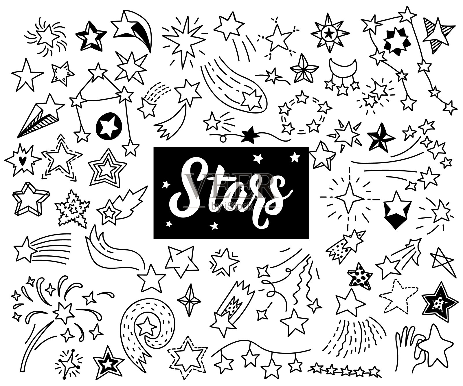 一大堆星星。矢量插图在涂鸦风格。孤立在一个白色的背景。插画图片素材