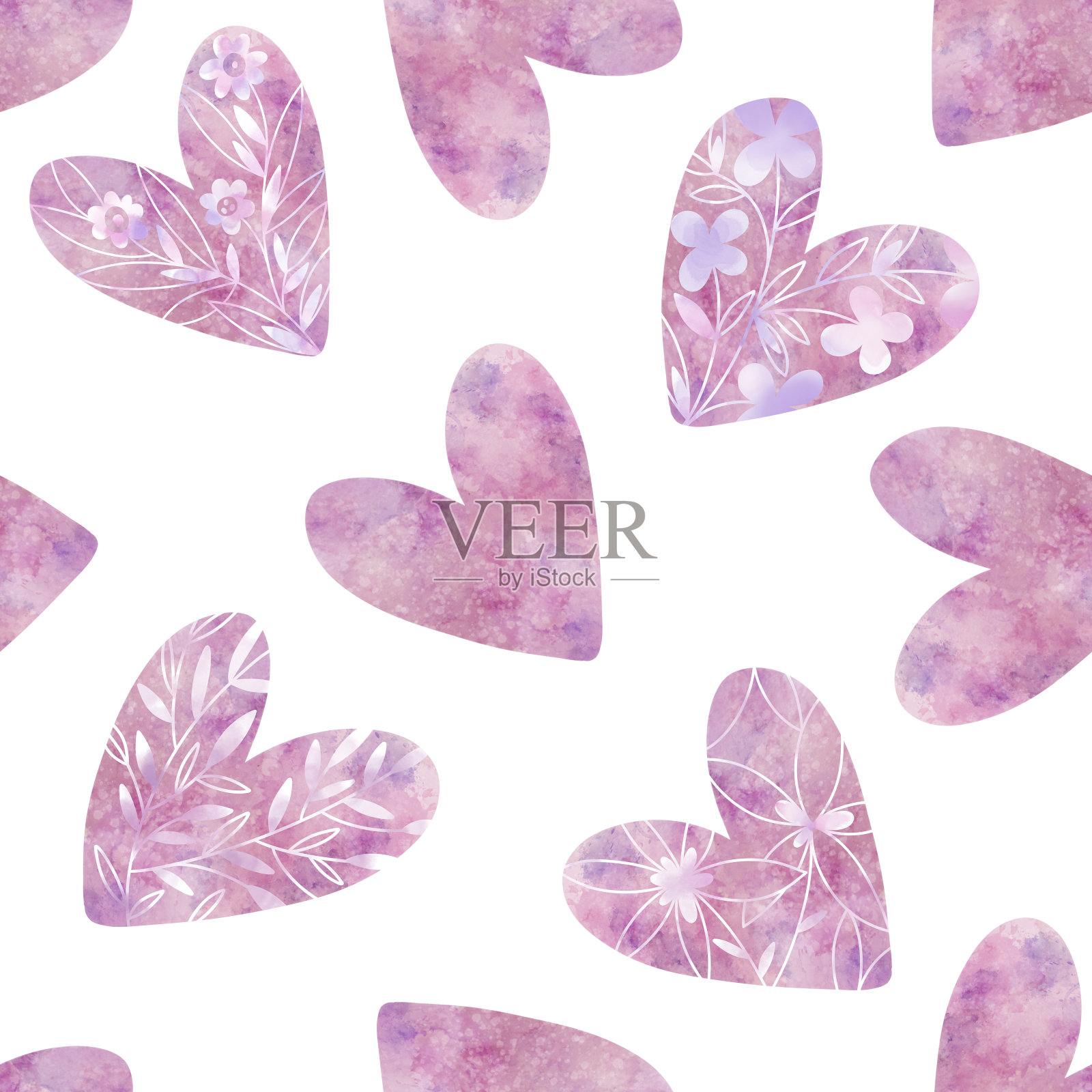 无缝图案与手绘水彩心在白色背景。浪漫的背景适合情人节，婚礼和其他浪漫的活动。插画图片素材