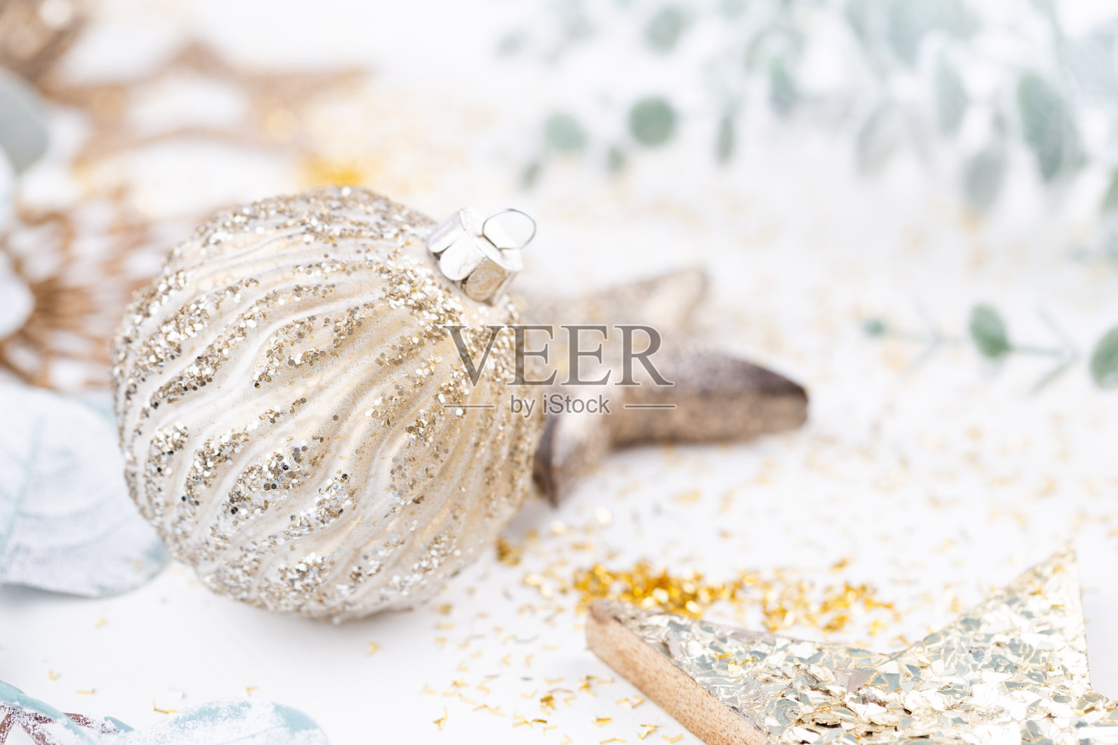 新年庆祝与圣诞背景，圣诞装饰俯视图。照片摄影图片