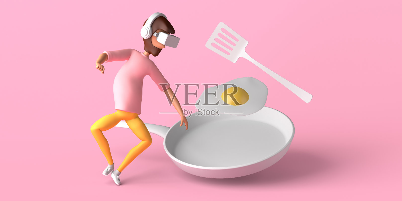使用虚拟现实耳机的男子漂浮在煎锅和煎蛋上。虚拟和人工食品。副本的空间。3 d演示。卡通。插画图片素材