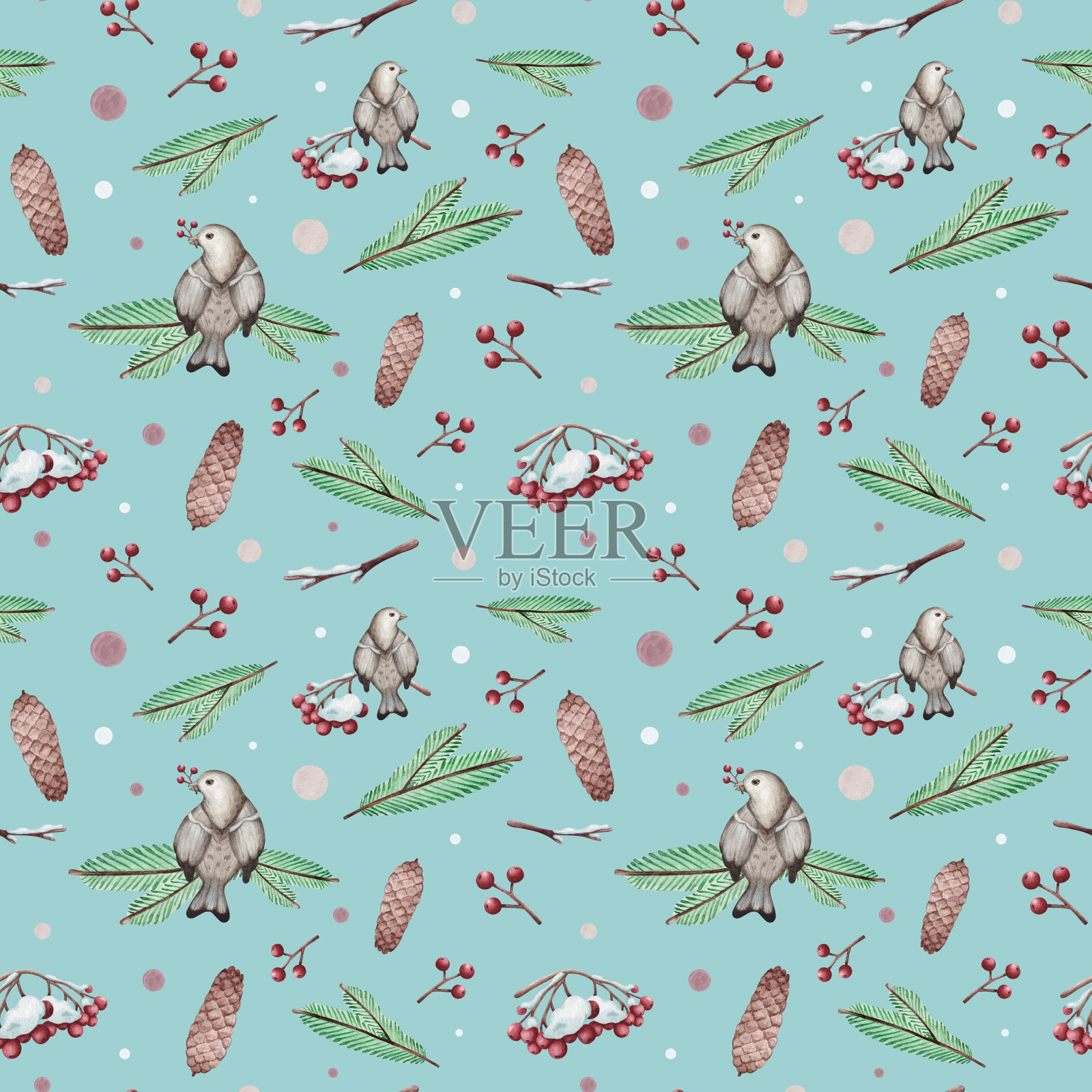 无缝图案与冬季森林，鸟类，冷杉树枝，花楸和松果，手绘水彩插画图片素材