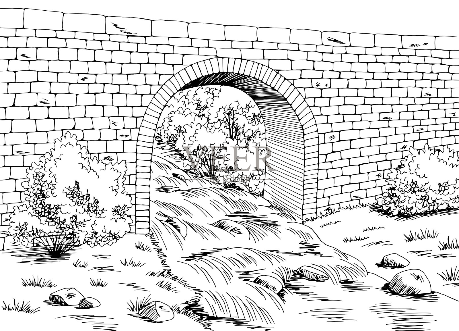 桥梁图形河流黑白景观草图插图矢量插画图片素材