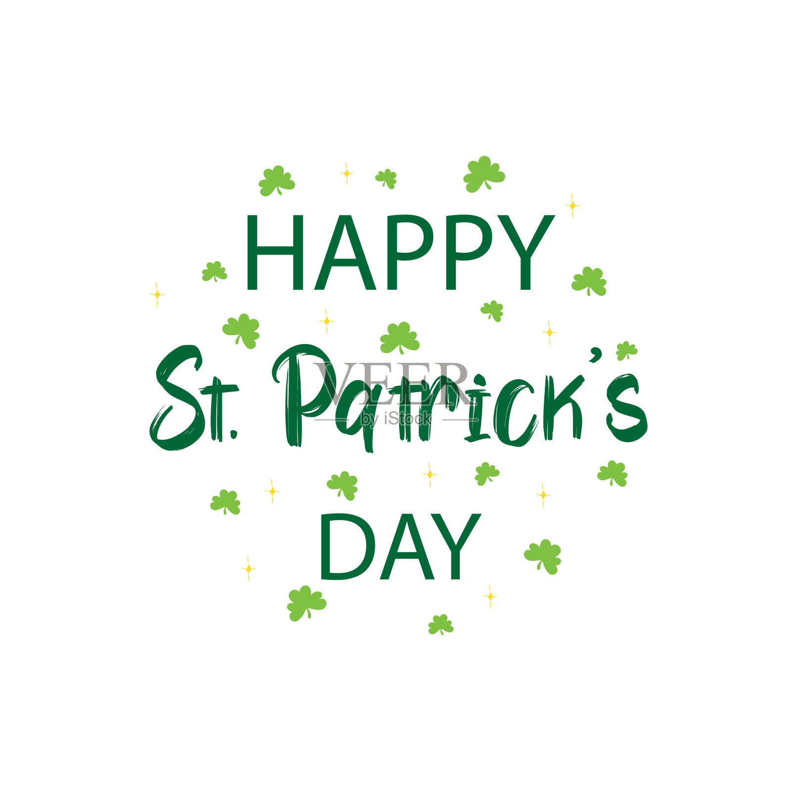 圣帕特里克节卡片，海报，横幅模板。用三叶草树叶和小妖精帽子装饰的手绘字母圣帕特里克节插画图片素材