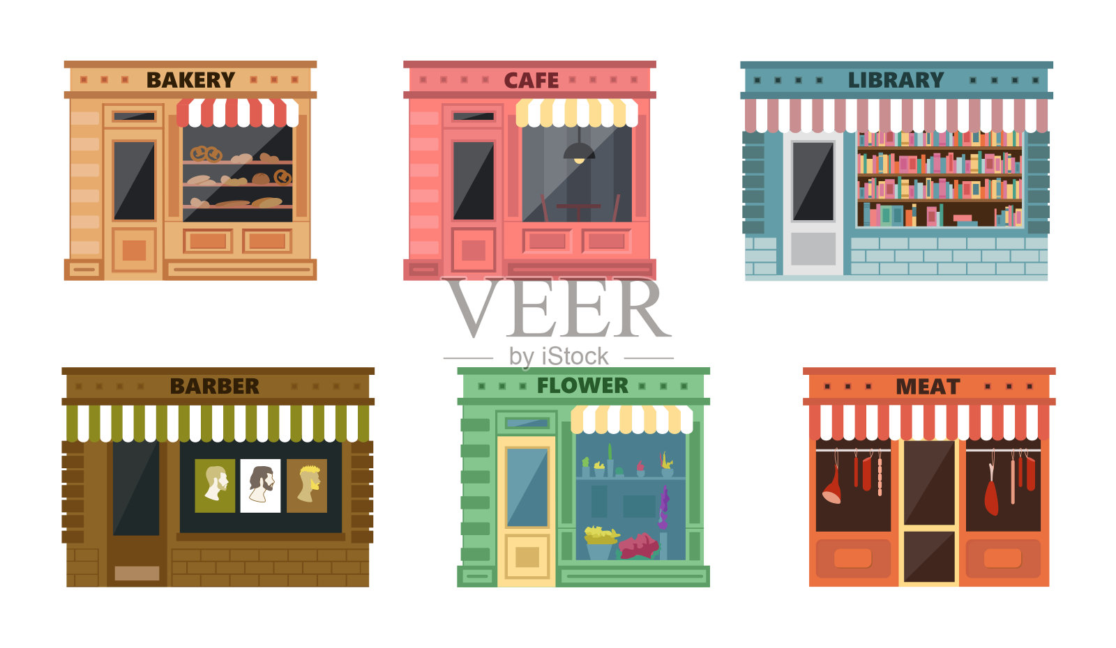 白色背景的商店立面。向量商店面包店，咖啡馆，图书馆，理发师，花和肉在平面风格。插画图片素材