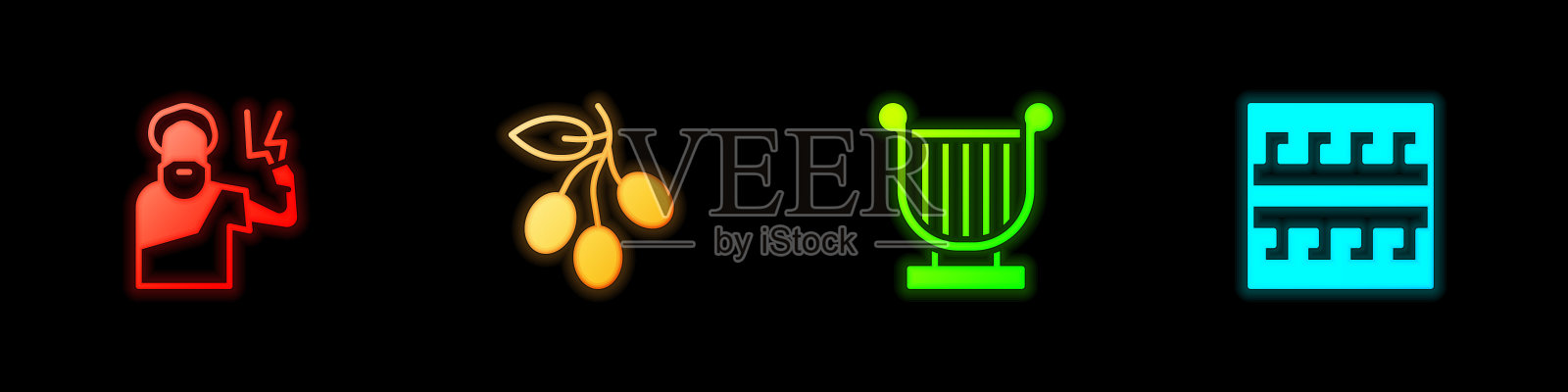 设置宙斯，橄榄枝，古代竖琴和希腊图案图标。向量图标素材