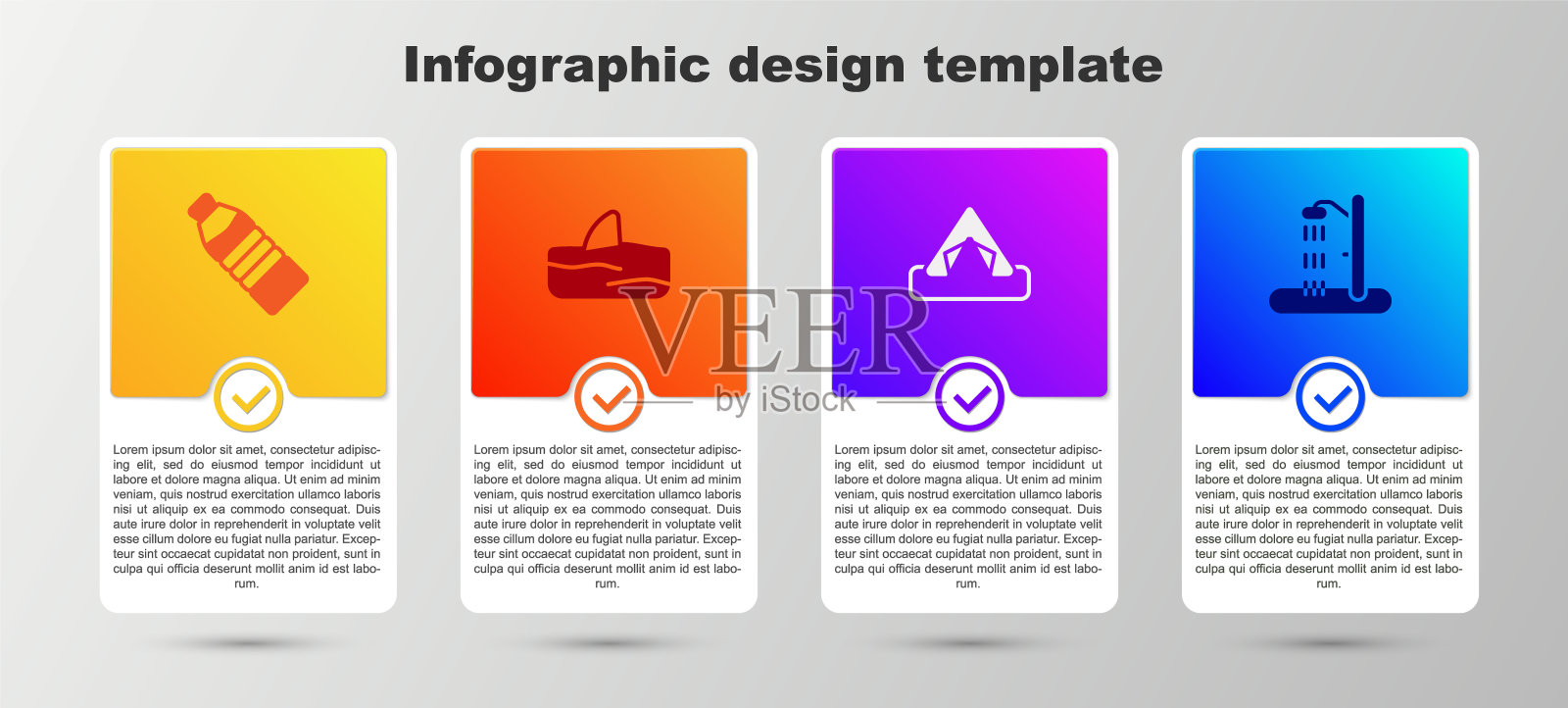 集瓶装水、鱼翅海浪、旅游帐篷、沙滩淋浴于一体。业务信息模板。向量设计模板素材