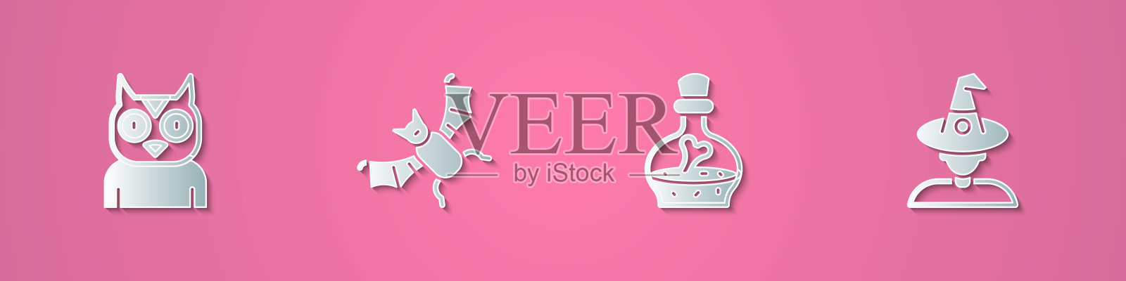 设置剪纸猫头鹰鸟，飞行的蝙蝠，瓶子药水和女巫图标。纸艺术风格。向量插画图片素材