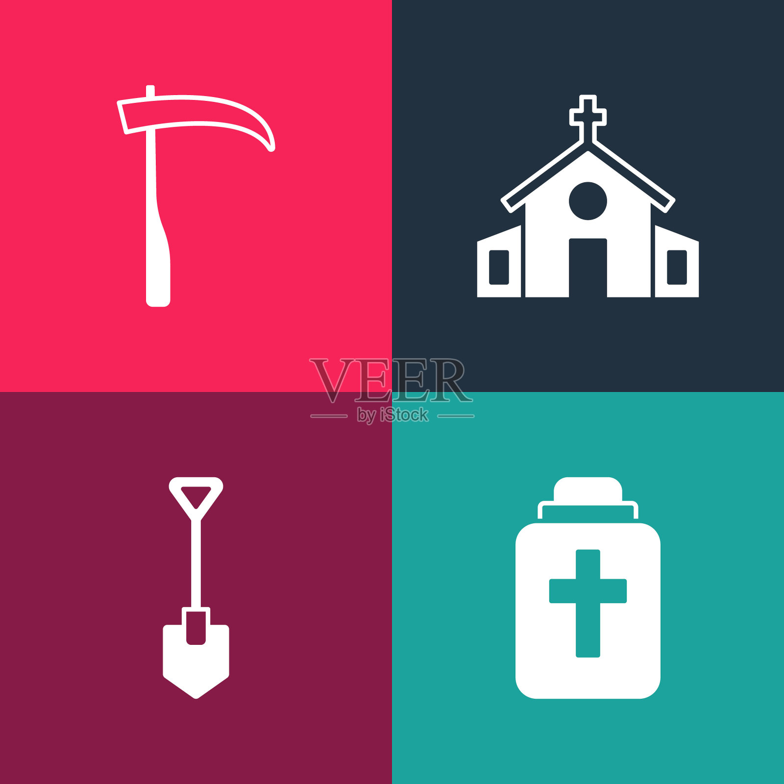 设置波普艺术葬礼瓮，铲子，教堂建筑和镰刀的图标。向量图标素材