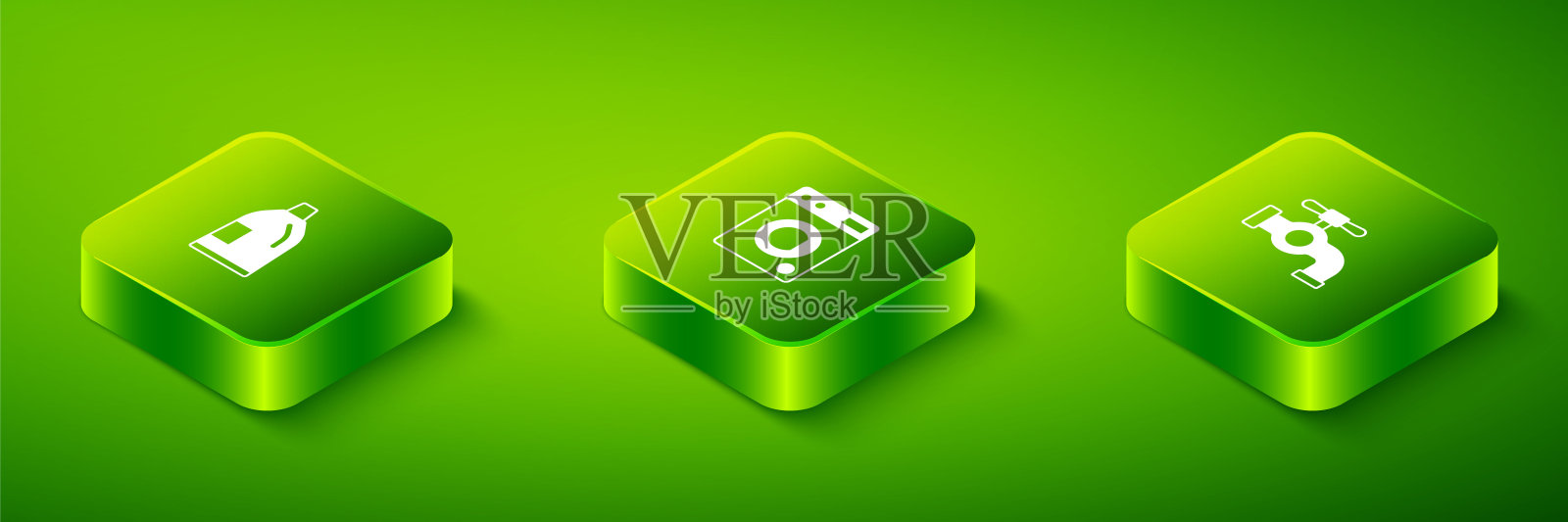 设置等距垫圈，水龙头和瓶的清洗剂图标。向量设计元素图片