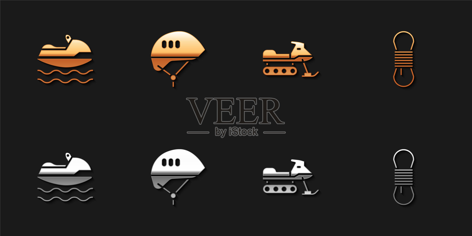 设置摩托艇，自行车头盔，雪地摩托和攀登者绳索图标。向量图标素材