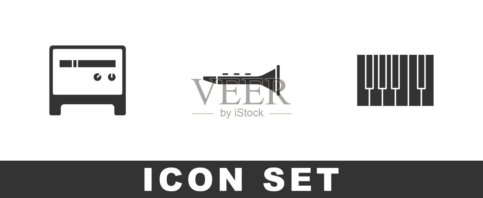 设置吉他放大器，单簧管和大钢琴图标。向量图标素材