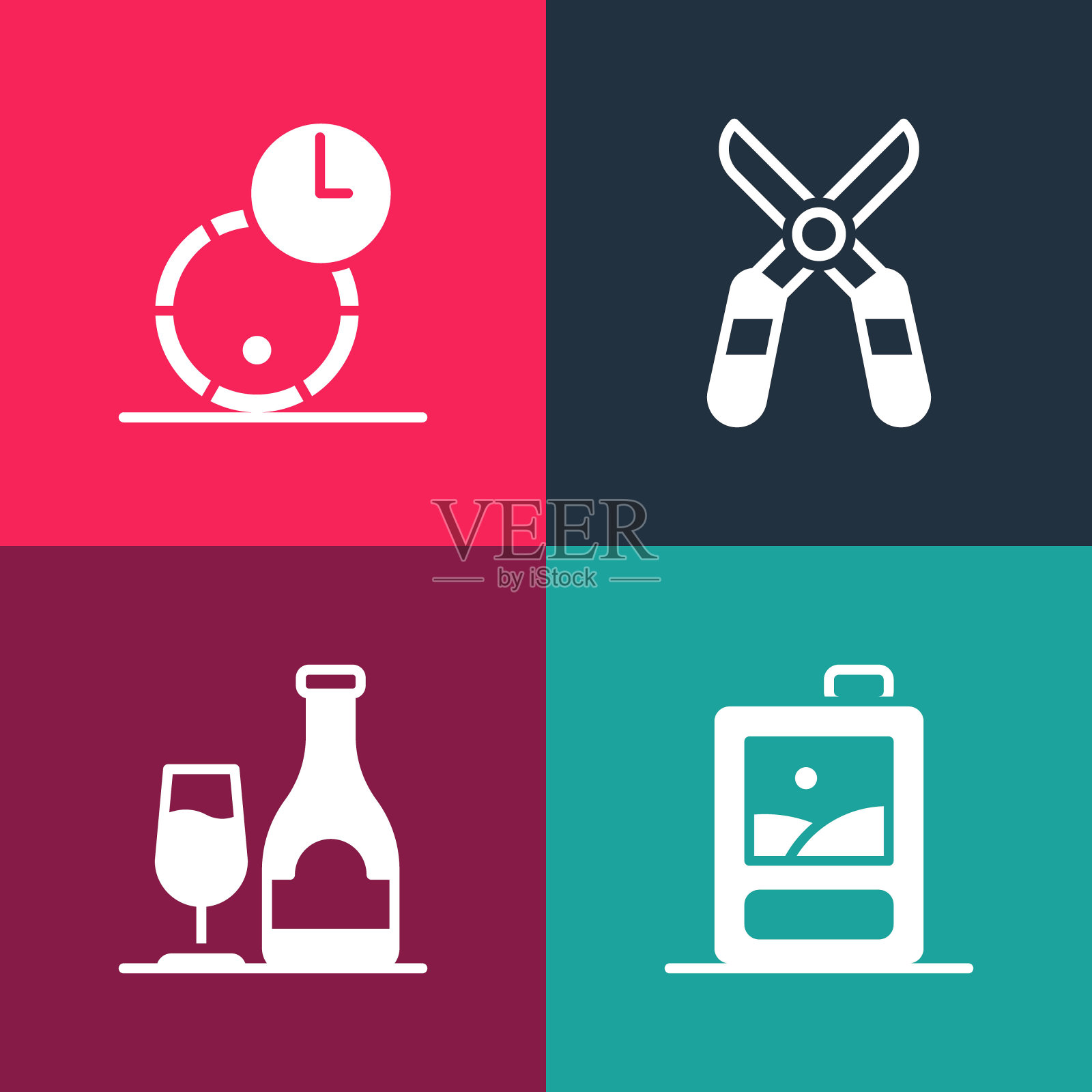 设置波普艺术纸箱葡萄酒，葡萄酒瓶与玻璃，园艺剪刀和木桶图标。向量图标素材