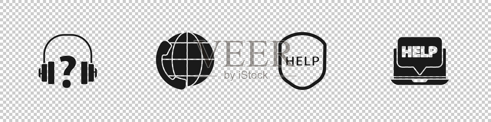 设置耳机，电话24小时支持，屏蔽文本帮助和笔记本电脑和帮助图标。向量图标素材