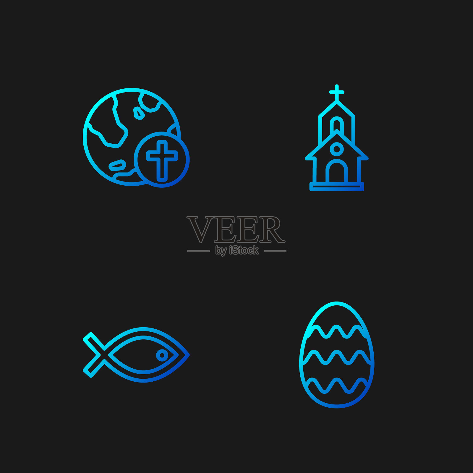 设置线复活节彩蛋，基督教鱼的象征，十字架与地球仪和教堂建筑。渐变颜色图标。向量图标素材