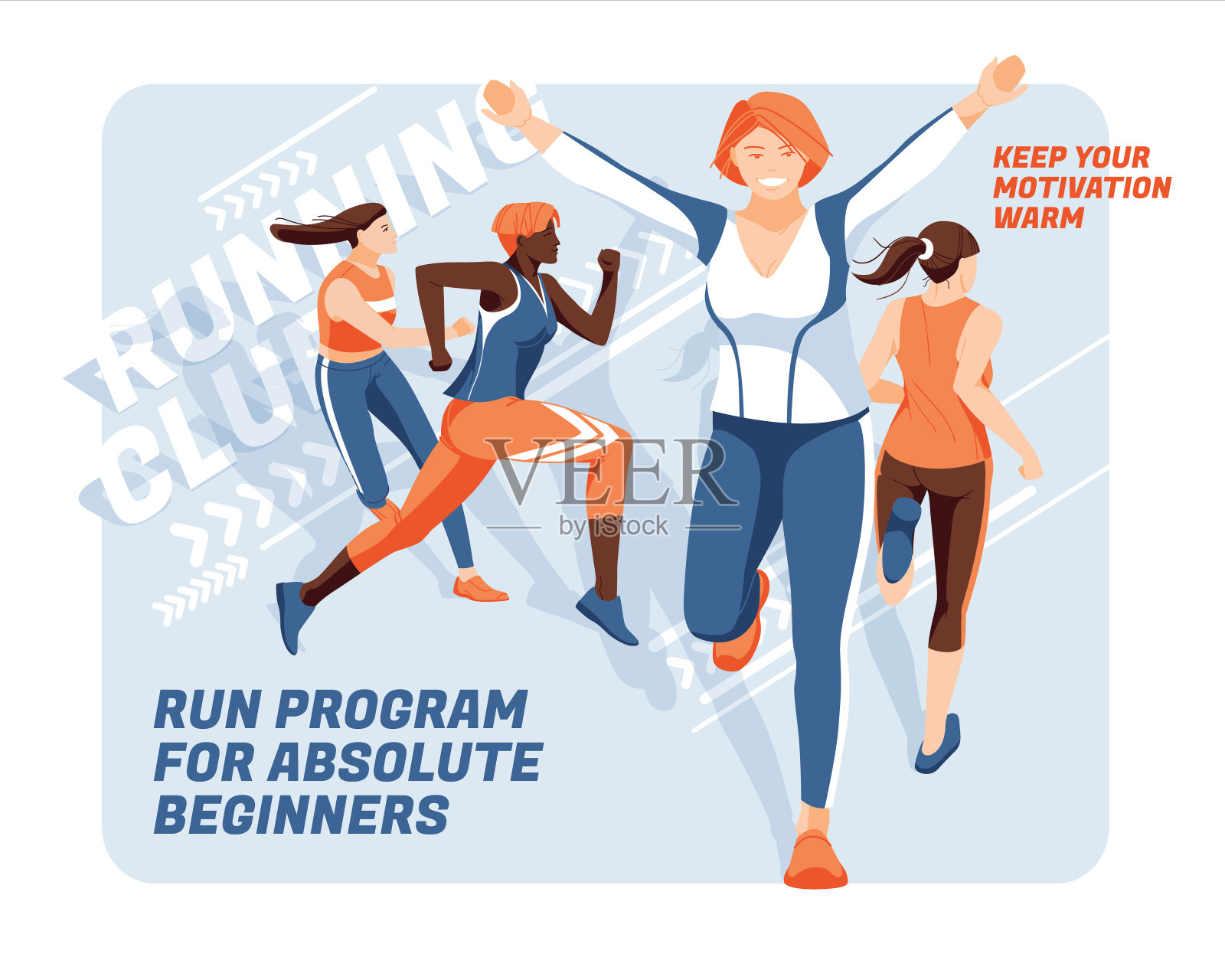 用于跑步比赛或训练广告的横幅。一群不同种族的妇女在一个抽象的背景上奔跑。设计演示，印刷，网页广告横幅。插画图片素材