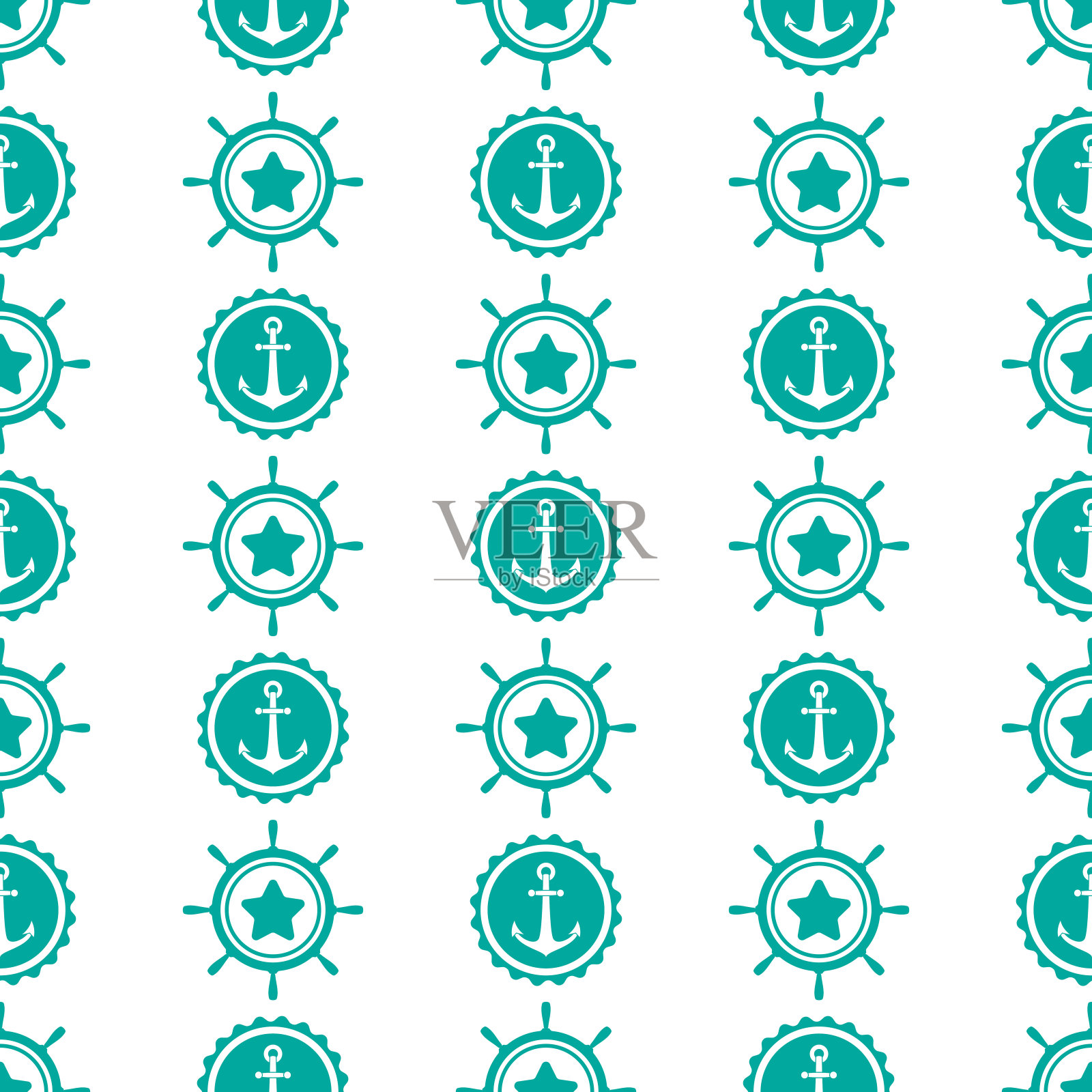 航海无缝模式与蓝色的头盔和锚在白色。船舶、船舶舵轮装饰品。船用舵背景插画图片素材