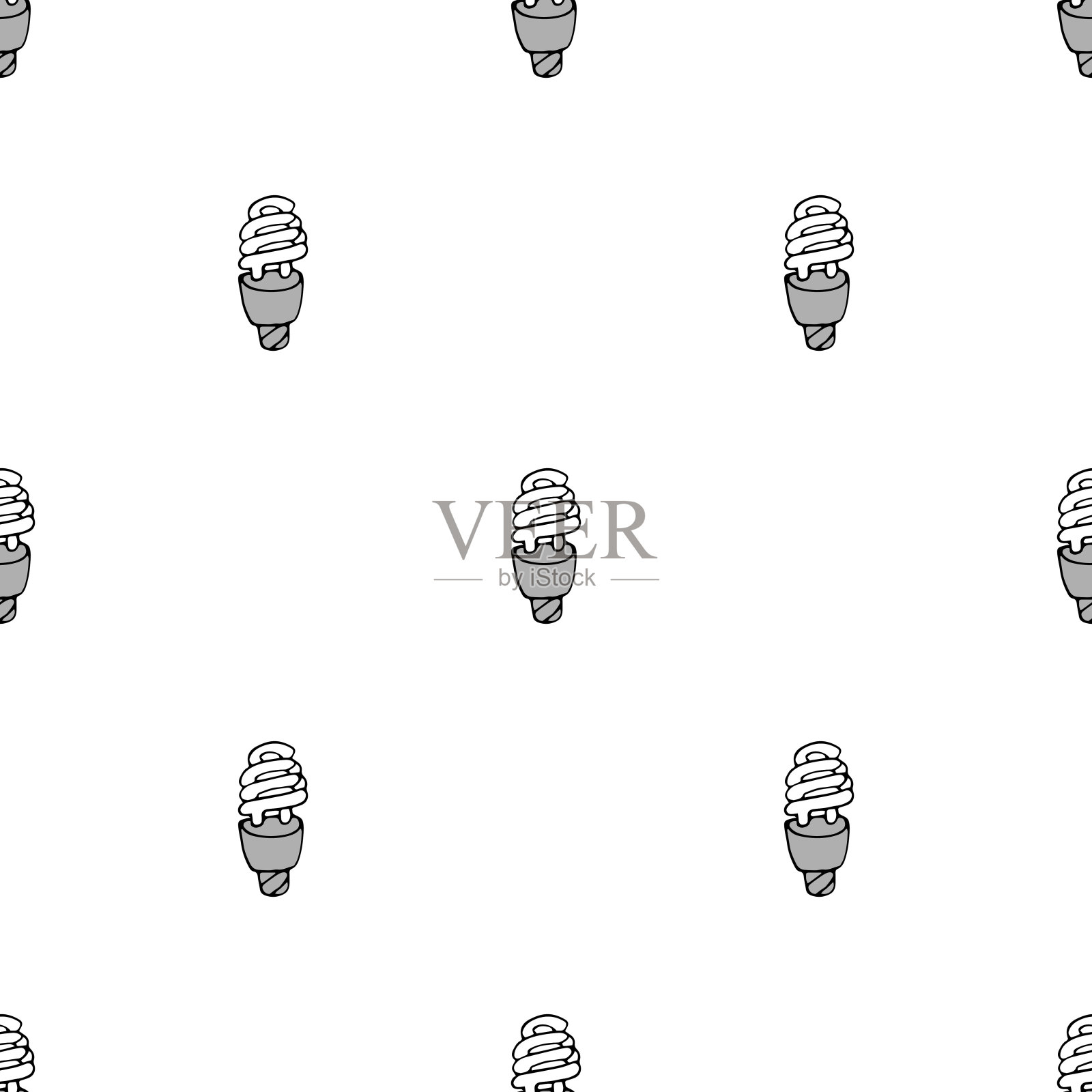 节能灯泡模式。节能灯无缝图案，手绘风格，白色背景。节能灯黑白图案。灯泡无缝图案。经济的照明灯泡。节约能源灯。向量。插画图片素材