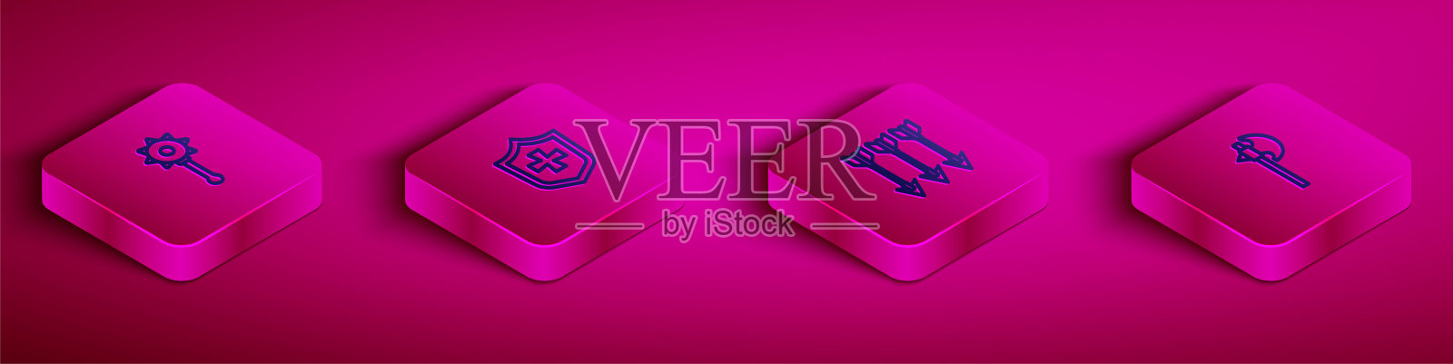 设置等距线中世纪铁链狼牙棒球，盾牌，交叉箭头和斧头图标。向量插画图片素材