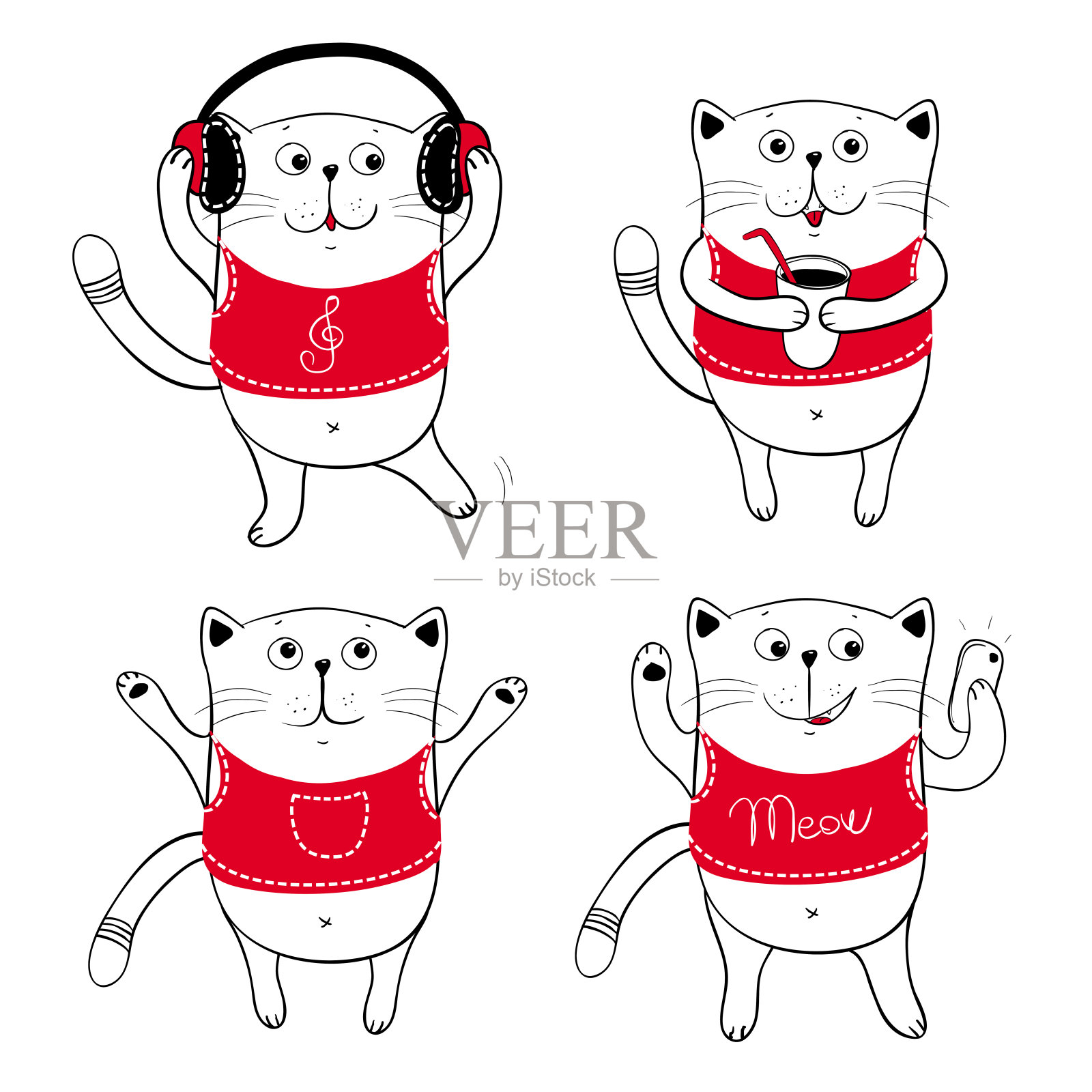 可爱的卡通猫，带着咖啡，耳机，电话。一套有趣的猫插图插画图片素材