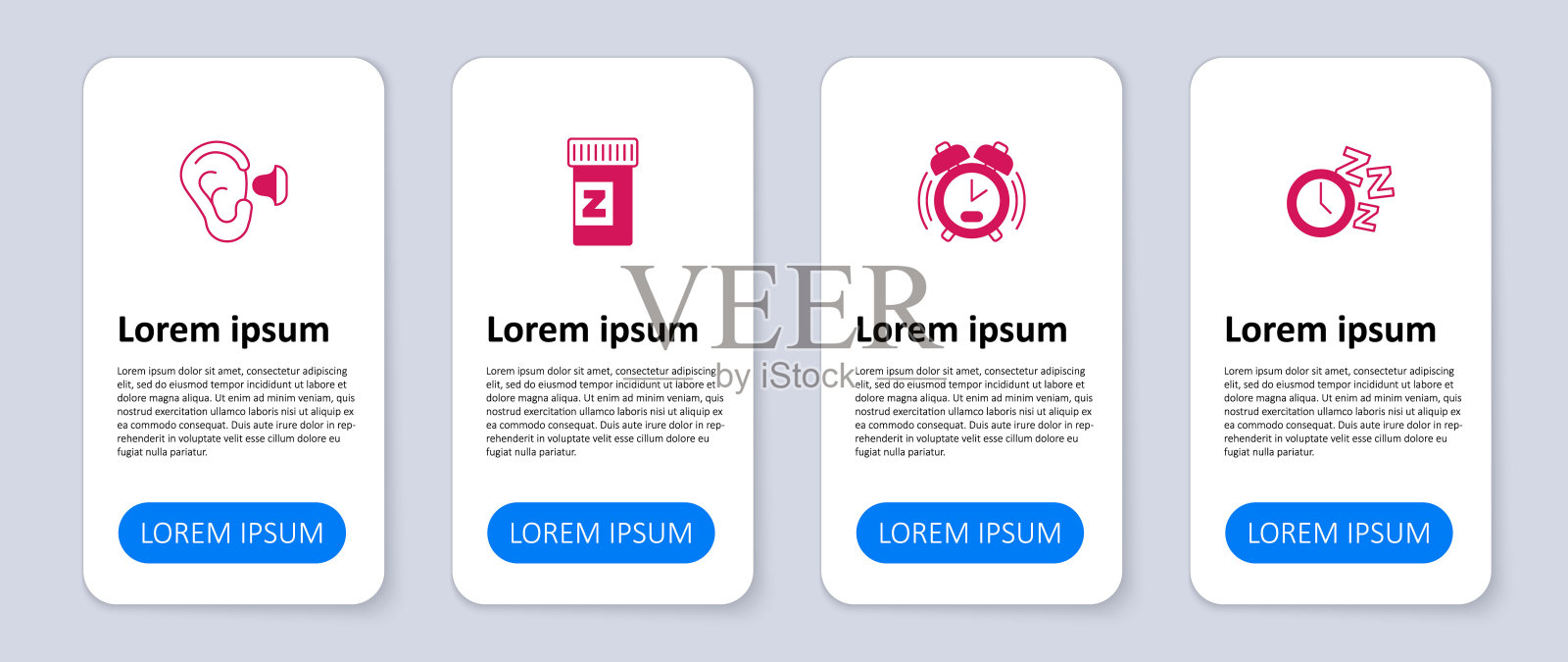 设置闹钟、安眠药、耳塞和耳朵。业务信息模板。向量设计模板素材