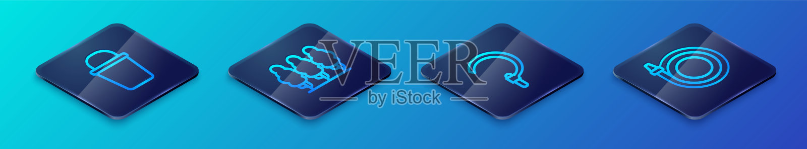 设置等距线镰刀，桶，花园软管和果树图标。向量图标素材