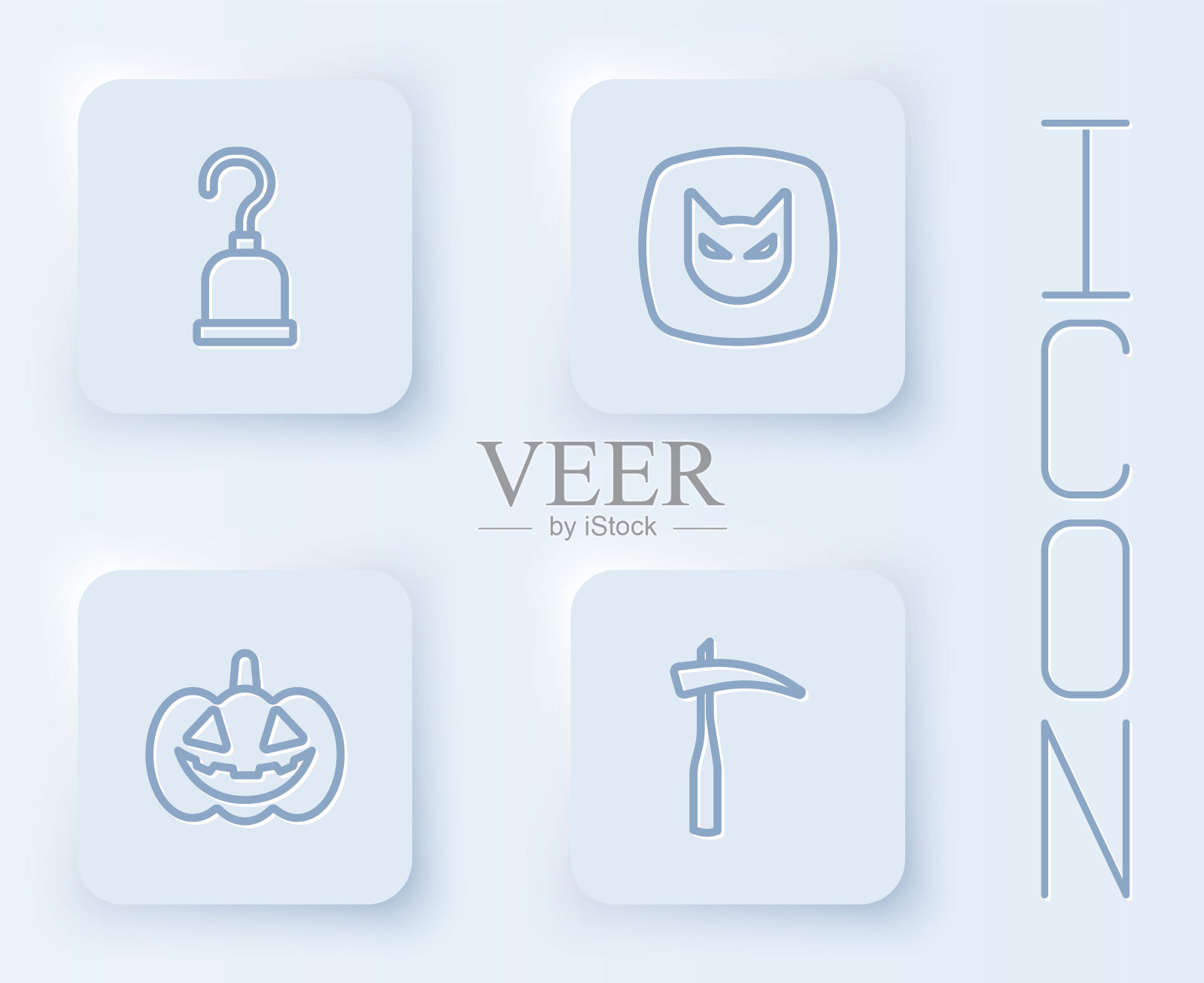 设置线海盗钩，黑猫，南瓜和镰刀。白色正方形按钮。向量图标素材