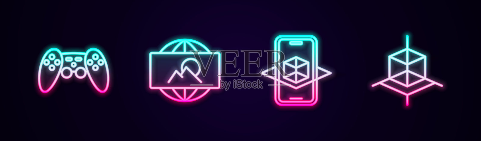 设置线手柄，广角图片，3d建模和。发光的霓虹灯图标。向量图标素材