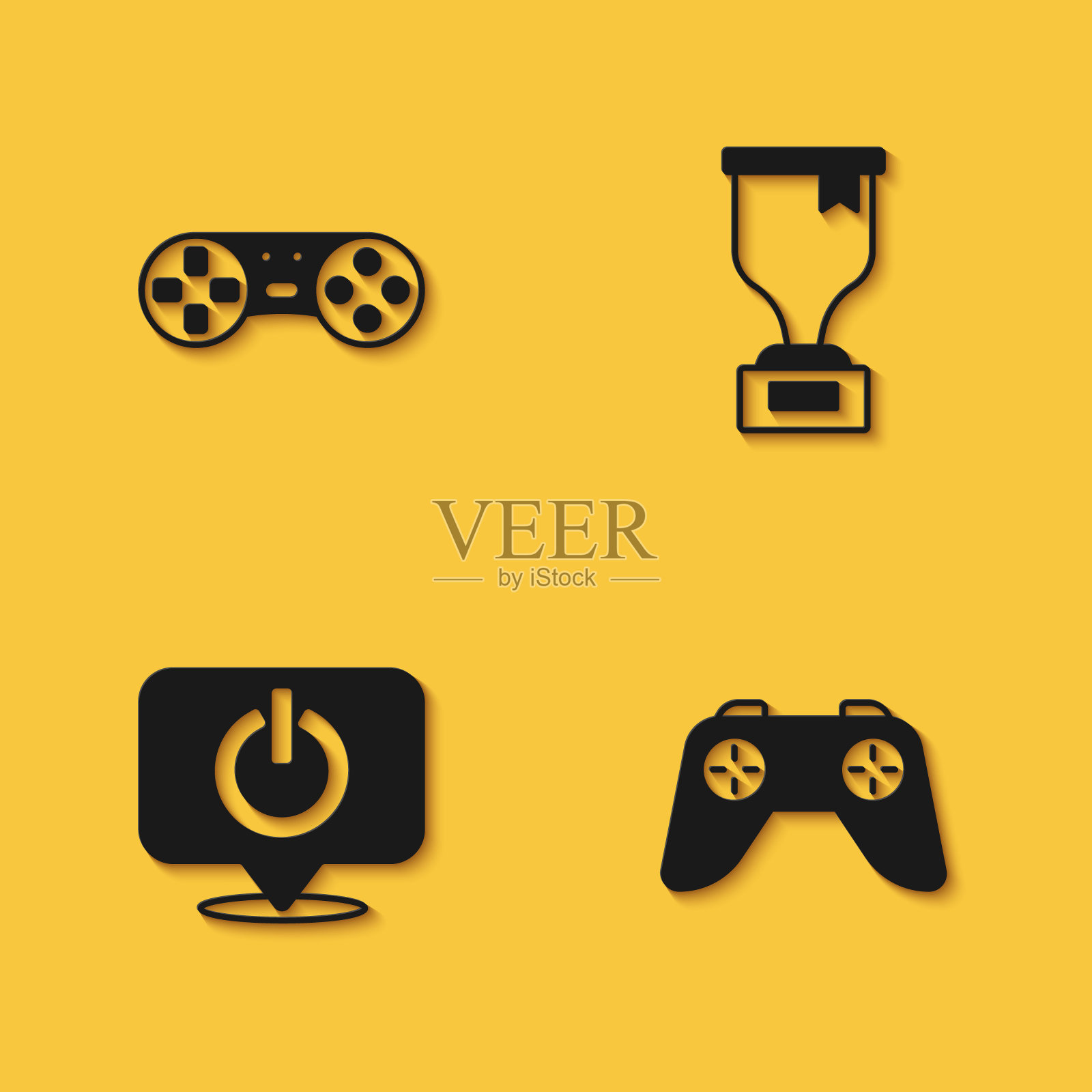 可设置游戏手柄或操纵杆、电源按钮和长阴影奖杯图标。向量图标素材