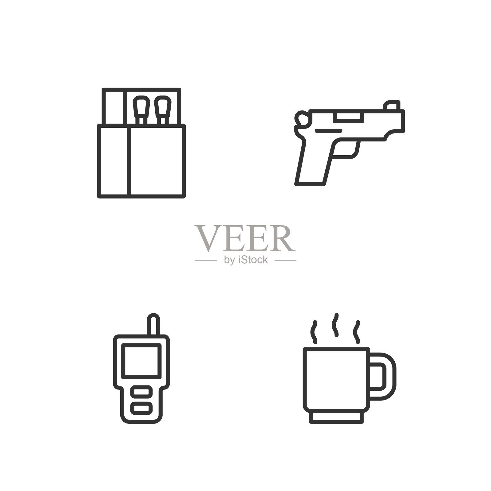 设置线咖啡杯，对讲机，打开火柴盒和火柴和手枪或枪的图标。向量图标素材